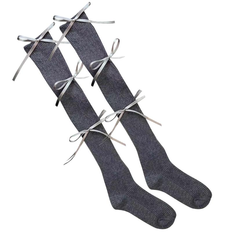 Fashion Solid Color Thin Cotton Long Socks Women Girls School Student Sweet Ribbon Bowknot Stretchy Ribbed Calf Socks серый