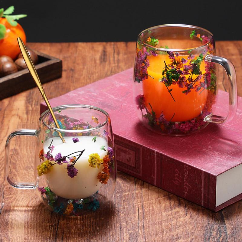 Double Walled Glass Mugs Double Wall Dried Flower Cup for Coffee Heat Resistant Dried Flower Double Wall Glass Mug for Cold
