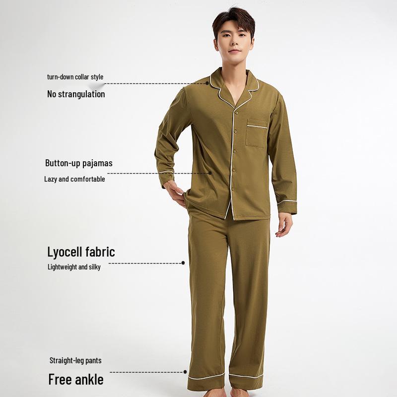 5A Antibacterial Men's Tencel Cardigan Pajamas - Long-Sleeve Lapel Design for Home or Outdoor Wear