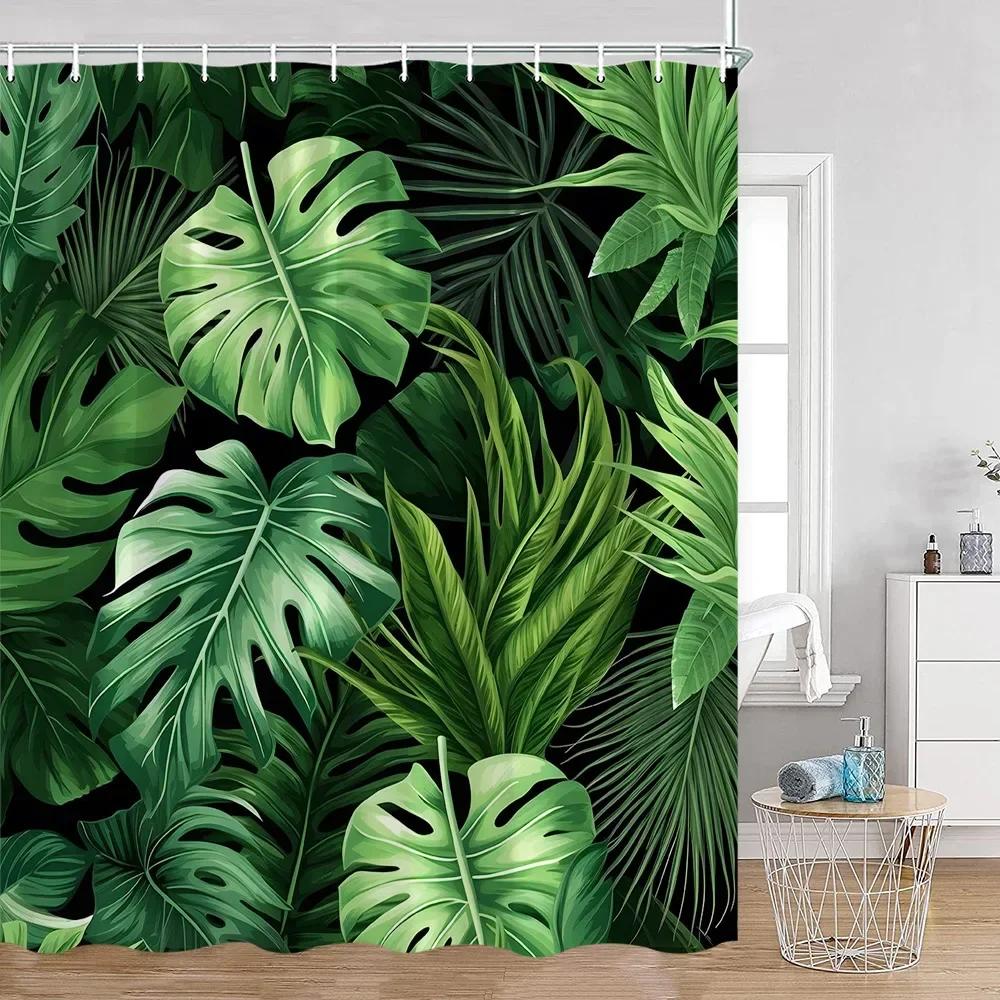 Tropical Leaves Shower Curtain Green Leaf Palm Flower Flower Bathroom Curtain Green Plant Bathroom Decoration with Hook