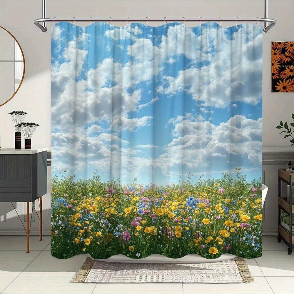 1Pc Extra Large Bath Curtain - Wildflower Meadow Shower Curtain With Vibrant Floral Landscape, Clear Blue Sky & Greenery - Machi