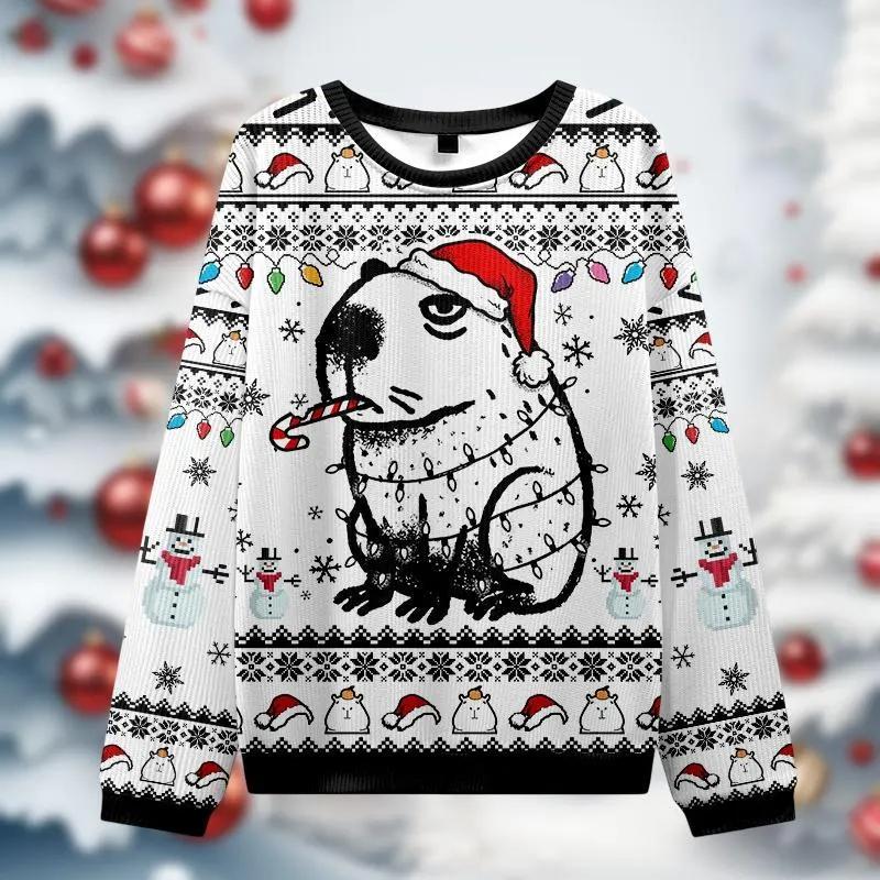 Cute Capybara Pattern Print Ugly Christmas Sweater For Adult Long Sleeve Pullover Festive Family Outfit Apparel Jumper Sweaters