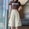 Off White Ripped Denim Shorts for Women In Summer Thin Mid Length A-line High Waist Wide Leg Five Quarter Pants