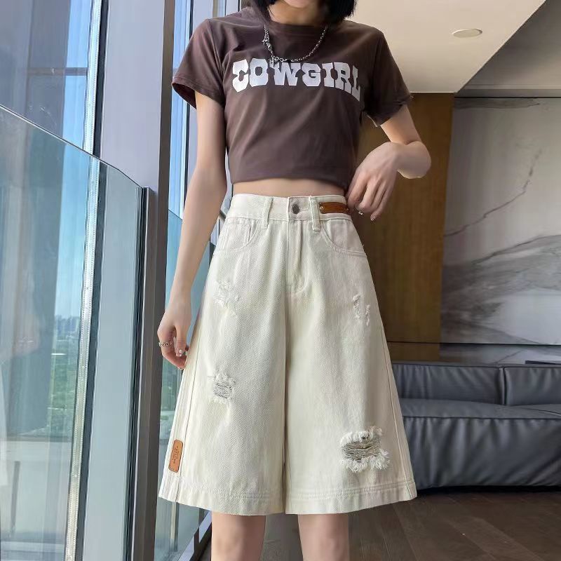 Off White Ripped Denim Shorts for Women In Summer Thin Mid Length A-line High Waist Wide Leg Five Quarter Pants