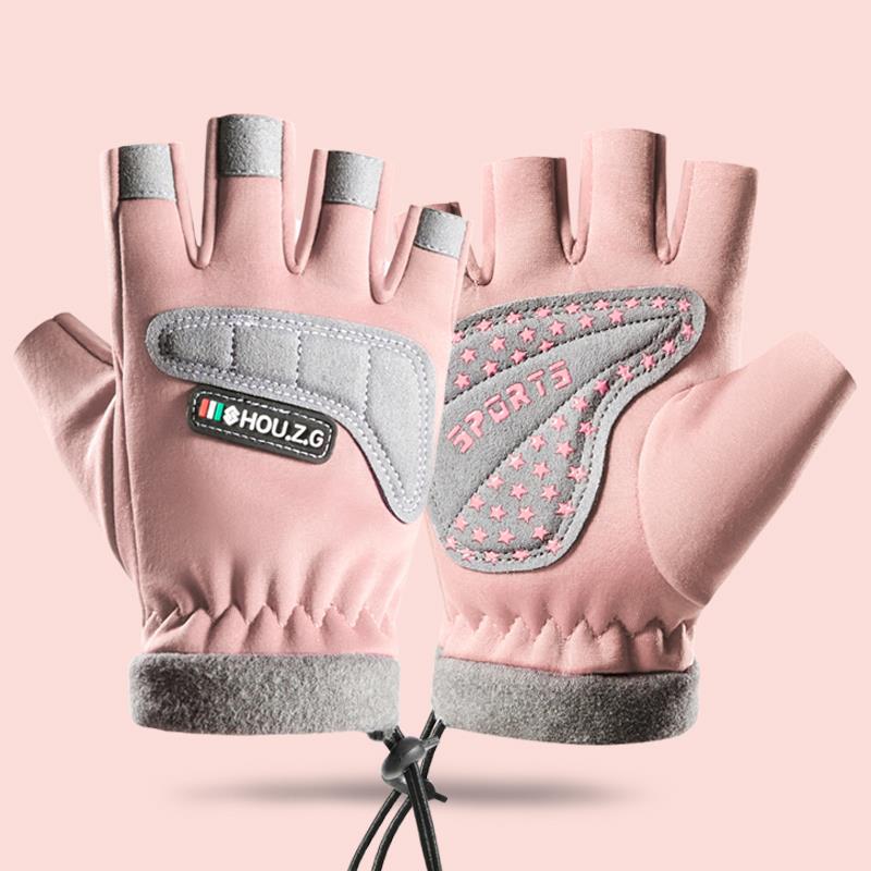 Autumn and winter children's half-finger gloves, velvet warm boys and girls, non-slip half-finger children, student sports riding