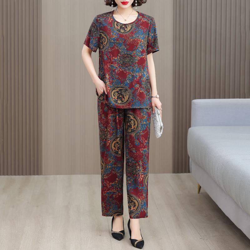 Plus Size Elegant 2 Piece Sets Womens Outfits Summer  Vintage Print Wide Legs Trouser Sets