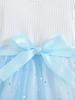 Girls Long Sleeve White Blue Star Tulle Dress Kids Spring Autumn Satin Bow Princess Dress