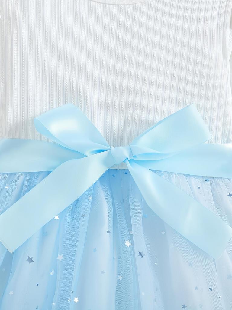 Girls Long Sleeve White Blue Star Tulle Dress Kids Spring Autumn Satin Bow Princess Dress