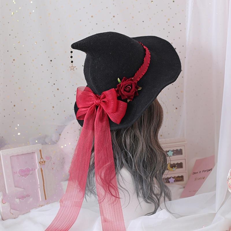 Black Curved Cone Witch Hat Gothic Lolita Women Cosplay Dress Hat Accessories Halloween Party Magical Clown Wizard Hat Decor