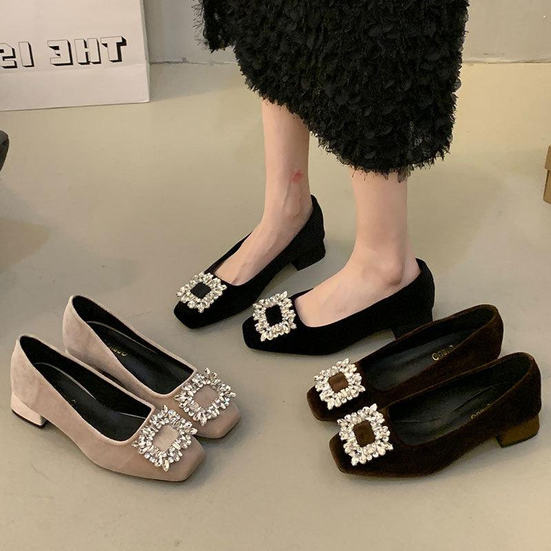 Coarse heel French rhinestone temperament single shoes women's shoes 2025 new spring and summer popular black square head commuter high heels