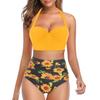 Padded Wire Free Two Piece Bikini Set Halter Bra Sunflower Print Briefs Swimwear for Beach