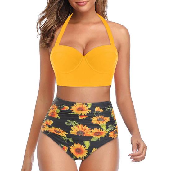 Padded Wire Free Two Piece Bikini Set Halter Bra Sunflower Print Briefs Swimwear for Beach