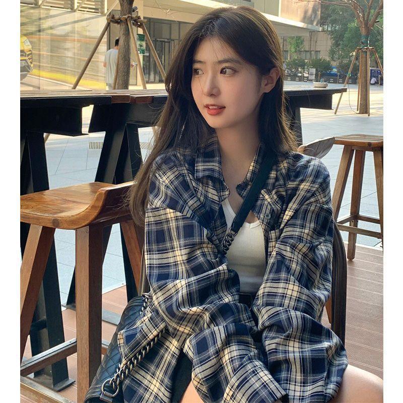 Autumn and Winter Checked Shirt, Lapel, Long-sleeved, Laid-back Style, Retro Loose Shirt, Cardigan, Jacket, Top Shirt M
