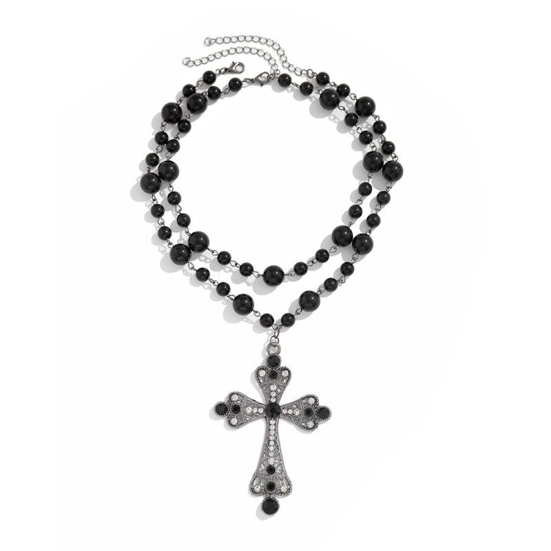 

Punk style cross necklace - dark, statement-making, micro-paved faux pearl layered necklace