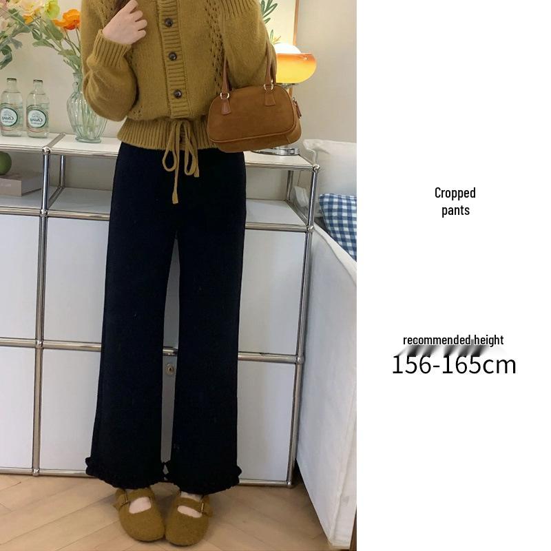 

Women s High Waist Black Wood Ear Trim Wide Leg Pants - Velvet-Lined for Winter 2XL