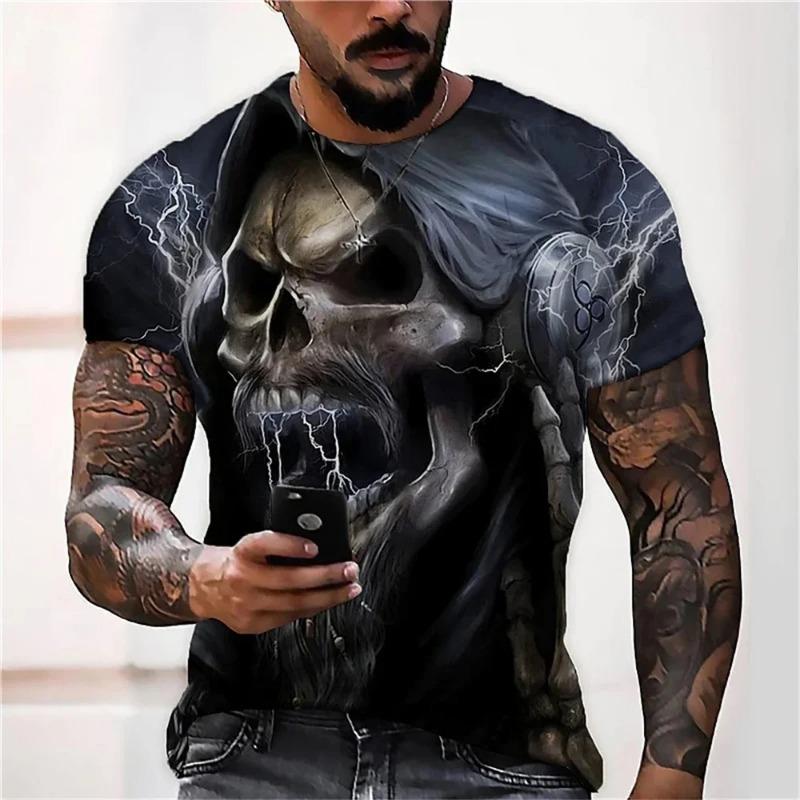 2025 Sommer Neu Vintage Horror Schädel 3D Druck Herren T-Shirt Klassisch Lässig Kurzarm Mode Locker Übergroße Oberteile T-Shirt