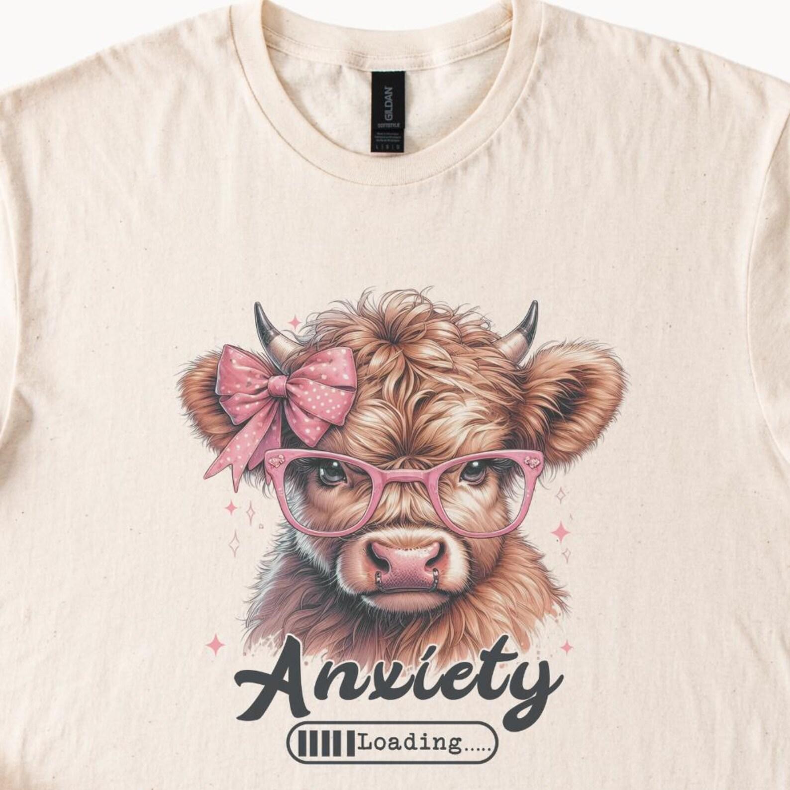 Highland Cow Anxiety Loading Shirt, Funny Animal Graphic Tee, Quirky Cow Design, Novelty TShirt for Animal Lovers, Hipster Cow Shirt 130