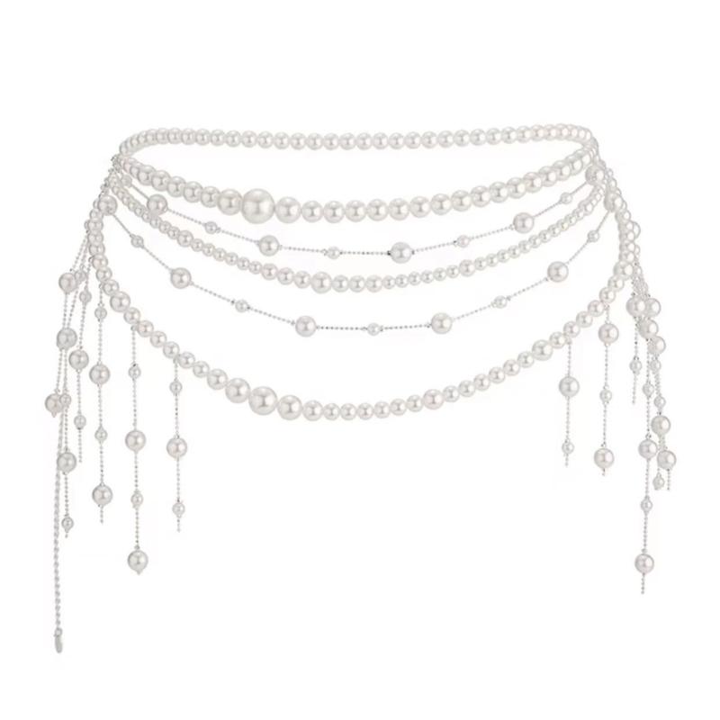 

Multilayer Pearls Fringe Waist Chain Waist Ornament for Women Lady 90s Retro Party Body Jewelry Belt Accessory 1
