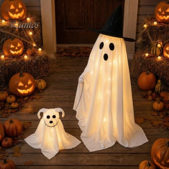 DIY Hanging Ghost Props Halloween Walking Dog Decor with LED String Light, Spooky Glowing Yard Lawn Ornaments Puppy for Outdoor Home, Holiday