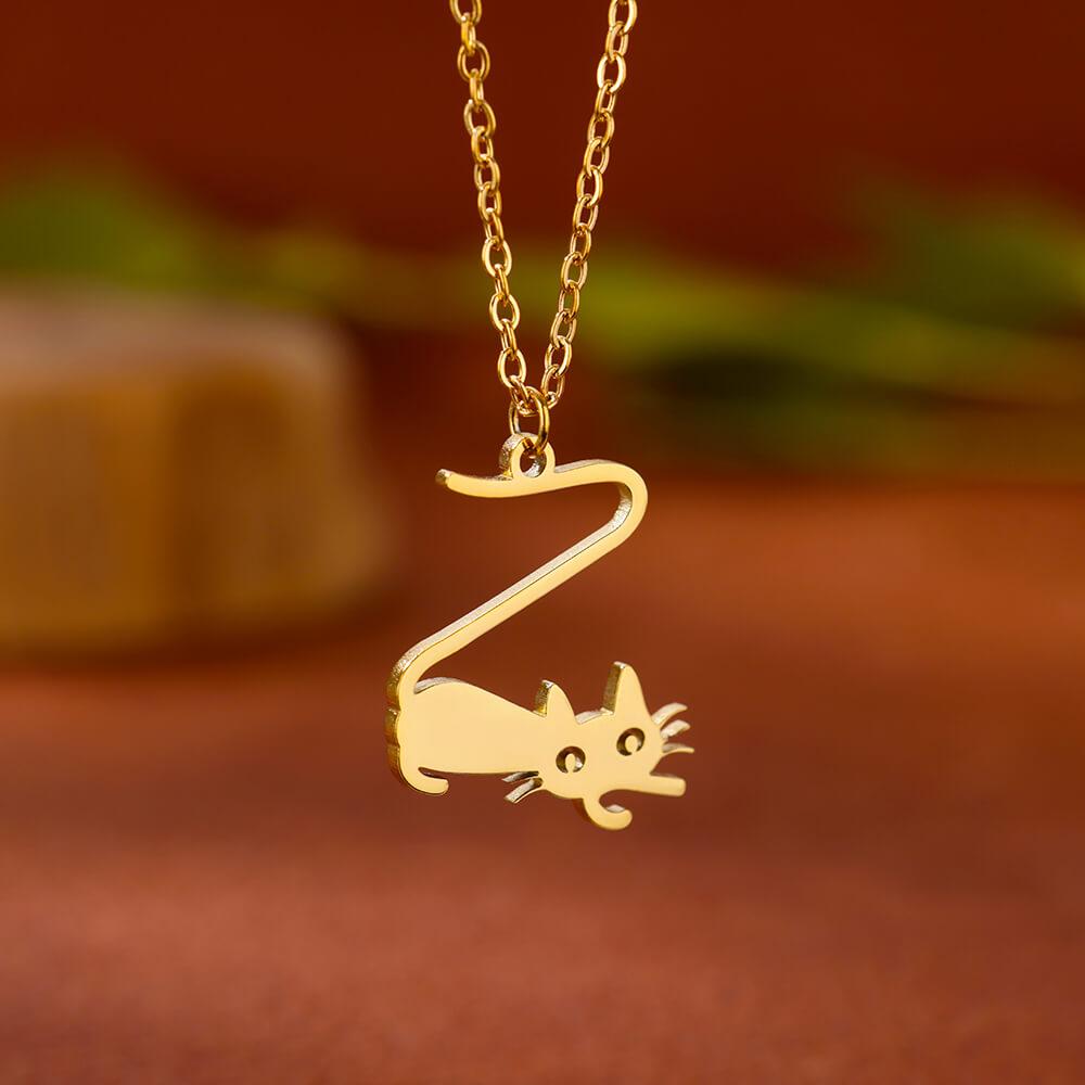 Stainless Steel Initial Letter Cat Pendant Necklace for Women Gold Color Animal Alphabet Necklaces Charm Fashion Jewelry Gifts
