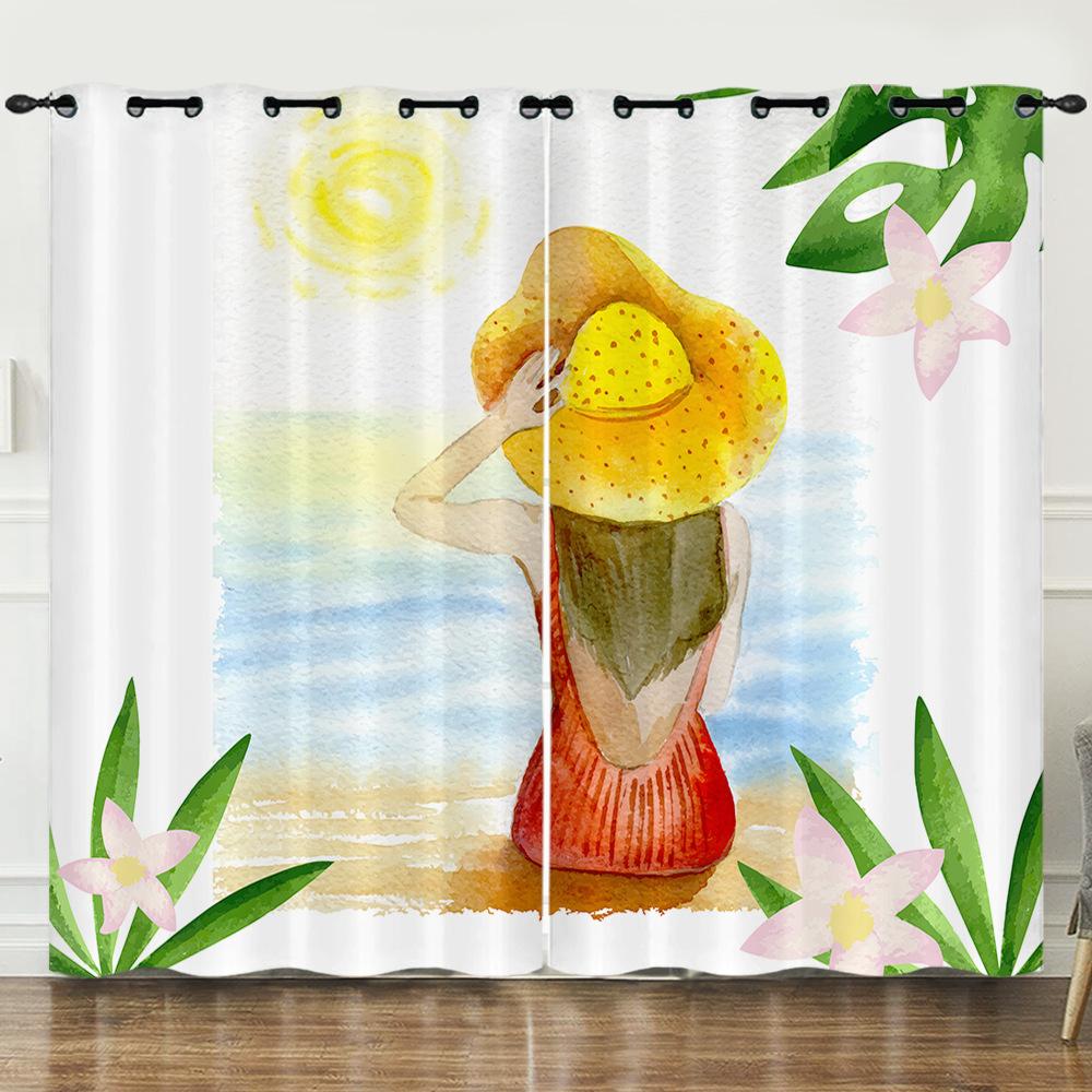 Curtain Beach Digital Printing Blackout Curtain Punching Living Room