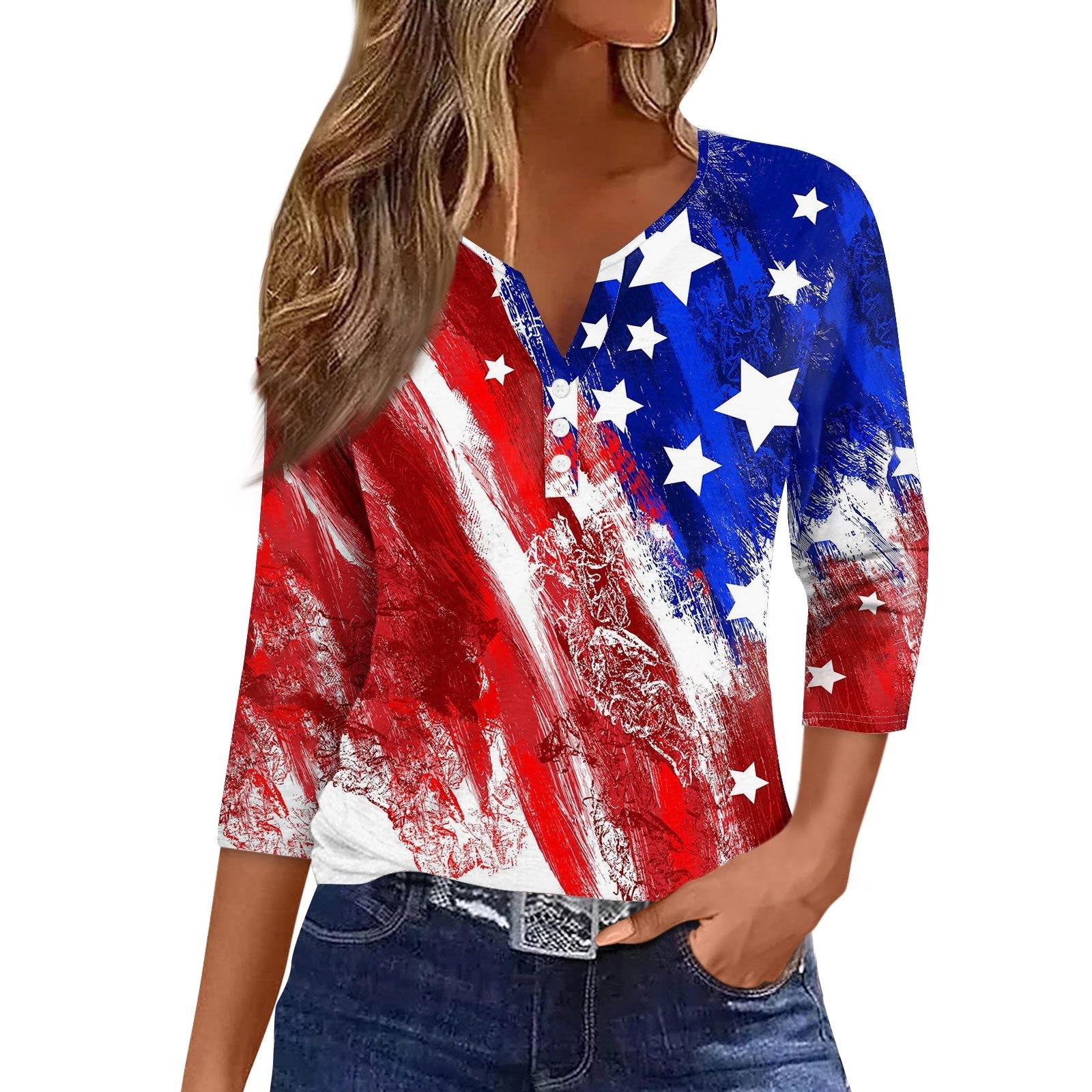 

Женская модная повседневная футболка с v-образным вырезом и семью рукавами, топ на пуговицах с принтом ко Дню независимости XL винный