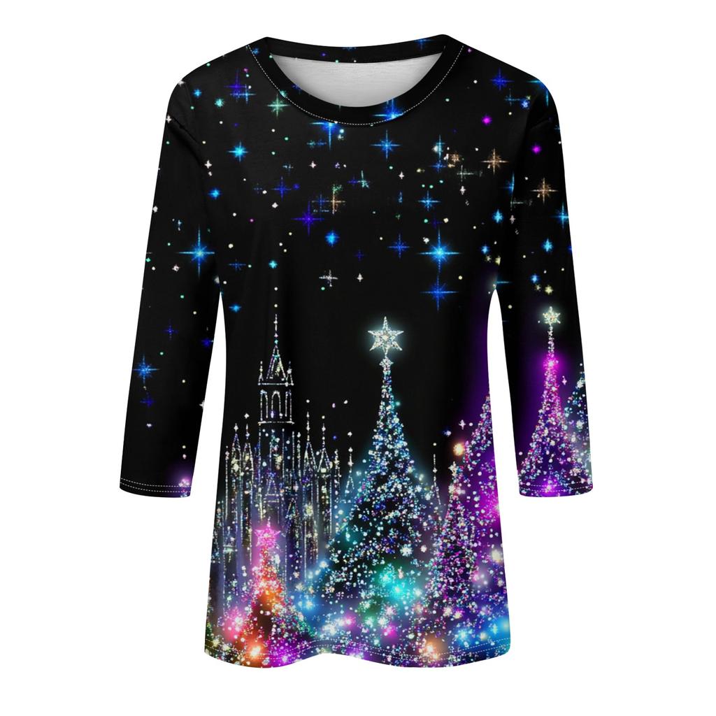 Damenmode Lässiges Rundhals-T-Shirt mit 3/4-Ärmeln und lockerem Aufdruck