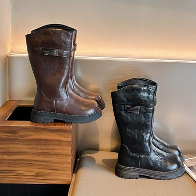 Frühling Herbst Mädchen Mid-Calf Stiefel Lässig Kinder Lederstiefel Mode Schwarz Braun Schlicht Kinderstiefel Dicke Sohle Vielseitig
