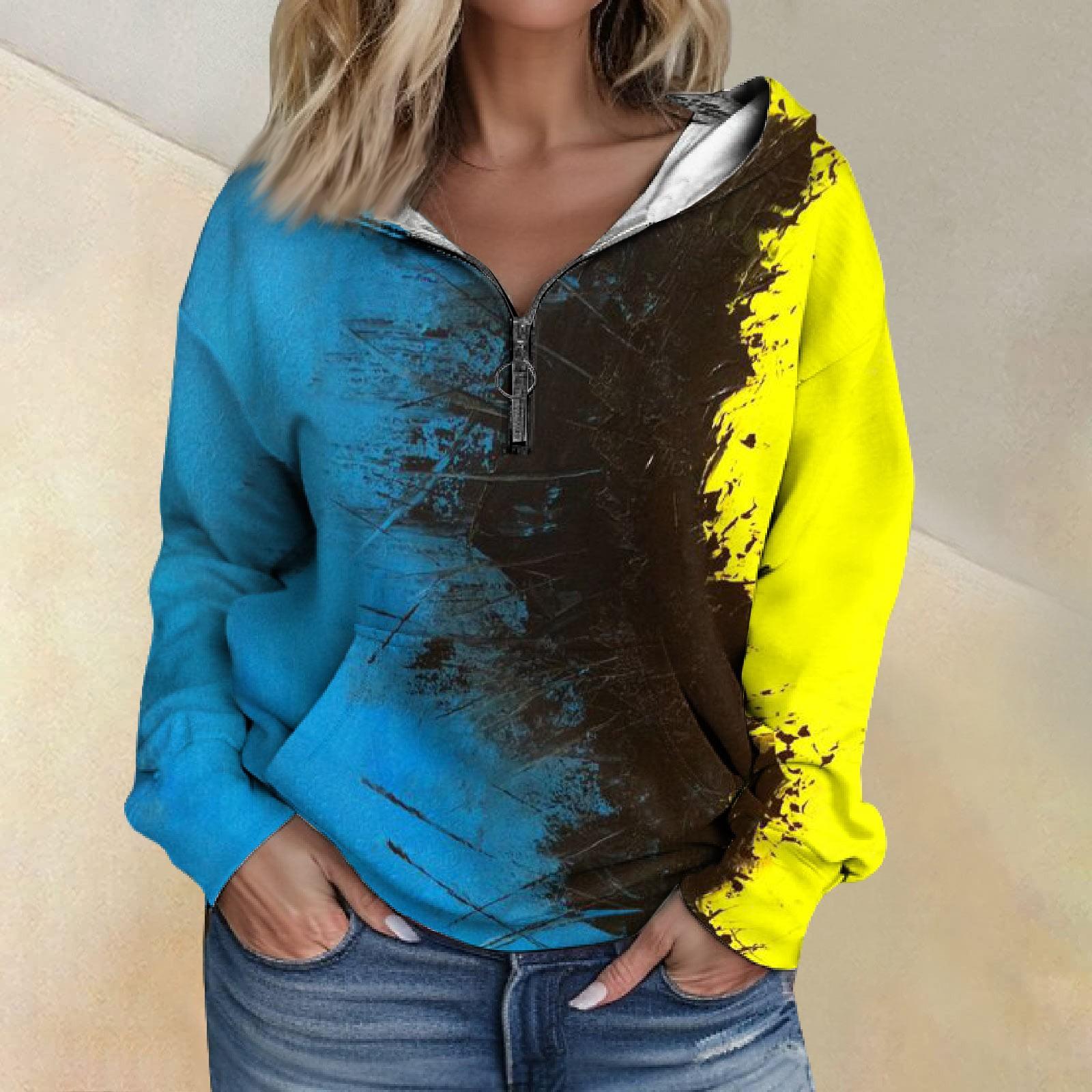 Женская мода с длинным рукавом и принтом свободная толстовка с капюшоном на молнии и карманами XL синий 2190₽