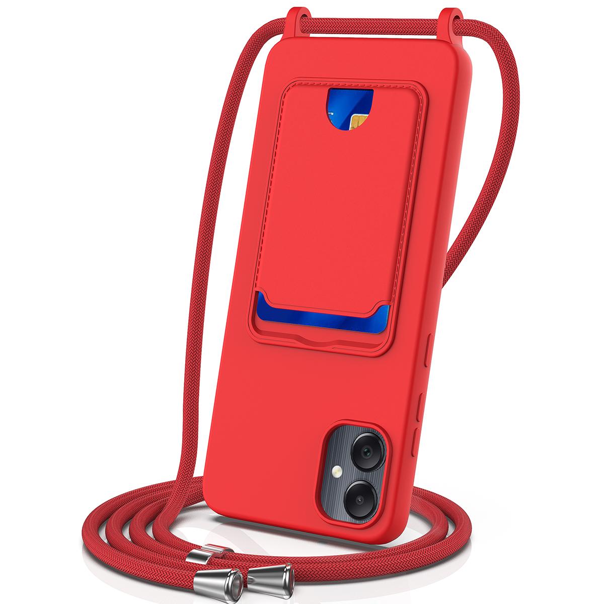 

For Samsung Galaxy F05/Galaxy M05 4G Liquid Silicone Case with Card Holder and Lanyard Back Phone Cover Red
