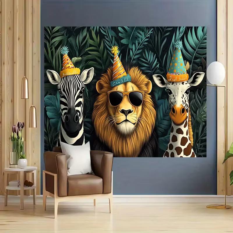 Birthday Party Animals Backdrop Funny Safari Lion, Zebra and Giraffe Photography Background