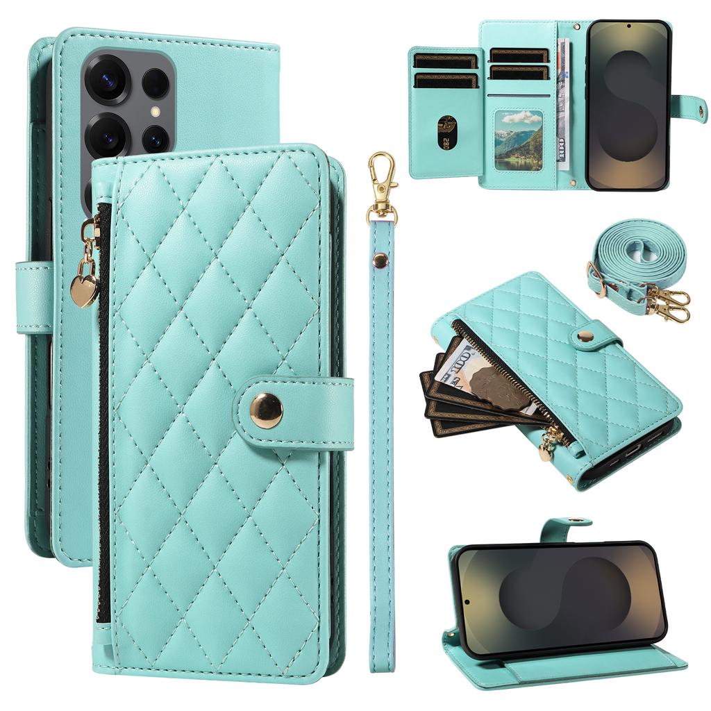 For Samsung Galaxy S25 Ultra Wallet Case with Straps,Rhombus Leather Stand Phone Cover