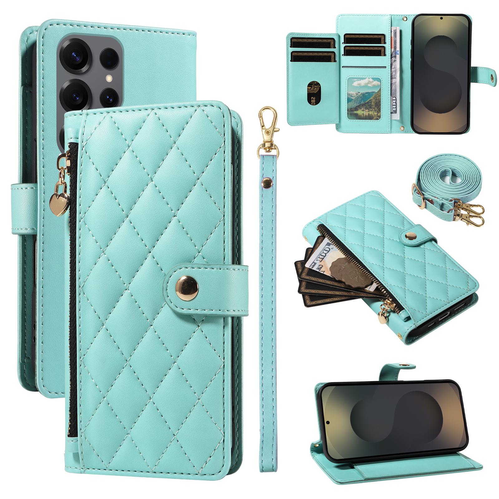 

Для Samsung Galaxy S25 Ultra Чехол-кошелек с ремешками, Ромбовидный кожаный чехол-подставка для телефона Light Green