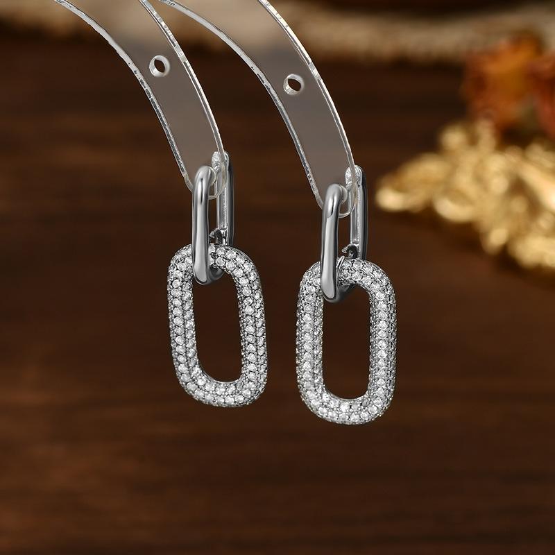 Stainless Steel Double Loop Drop Earrings for Women Girls Geometric Round Rhinestone Pendant Earrings Jewelry Gift