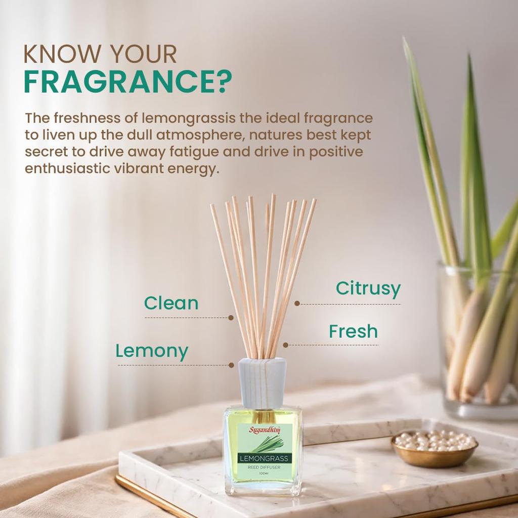 Sugandhim Reed Diffuser Lemongrass, 1 X 100ml & 5 Reed Stick, Non Alcoholic, Gifting Set, Easy To Use, Chemical Free, Refreshing, Citrus, Grass,