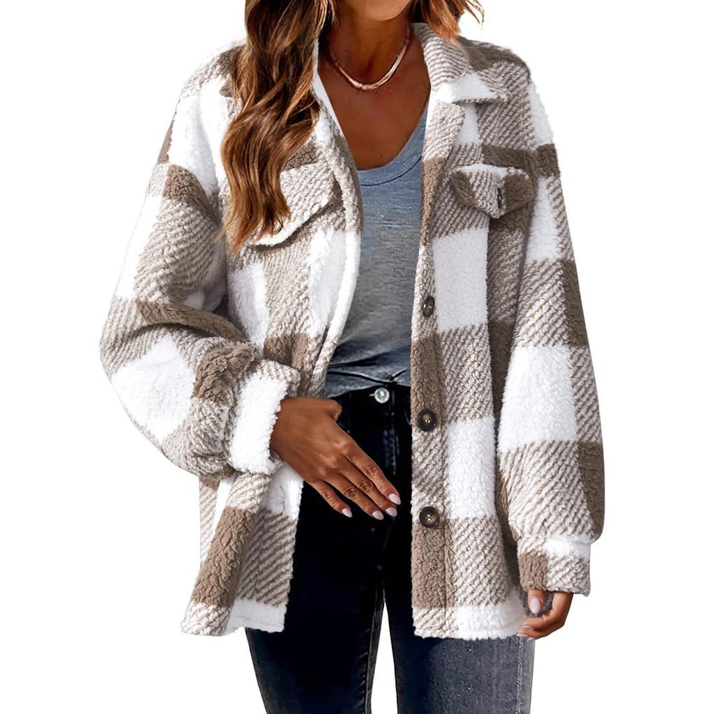 Autumn and Winter Women's Fashion Pocket Plaid Lambskin Jacket Button Long Sleeve Plush Jacket