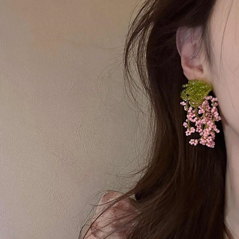 Rice Bead Flower Cluster Fringed Earrings Small Fresh Vacation Style Stud Earrings Versatile Fashionable Summer Earrings