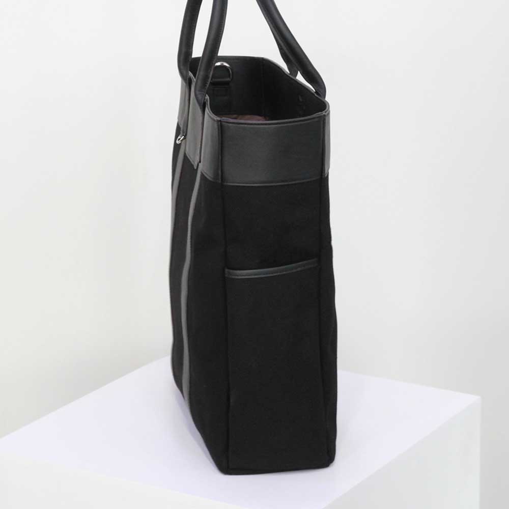 Matt Double Pocket Canvas Leather Tote Bag Black