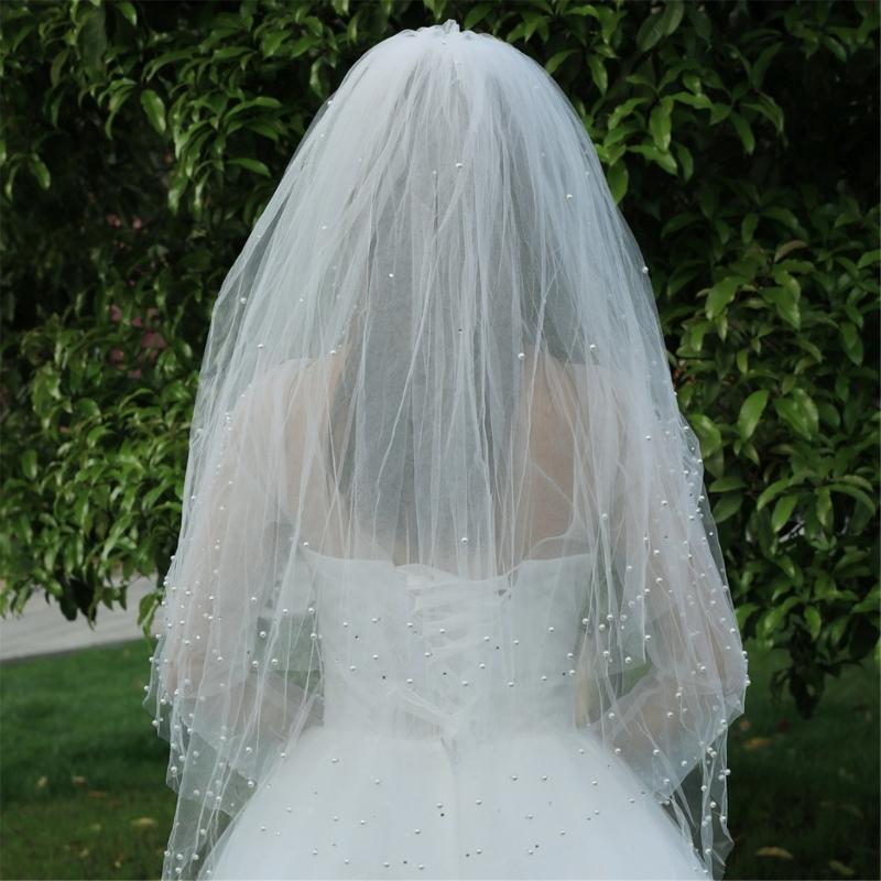 Luxurious Beadwork Pearls Decors Wedding Veil Tulle Bride Veil with Comb For Bridal Shower and Bachelorette Parties