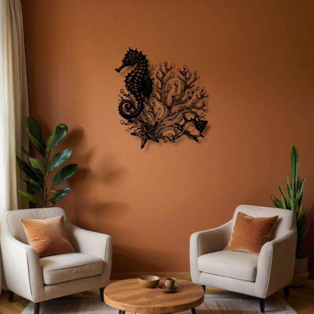 Seahorse Coral Metal Wall Art Large Coastal Iron Panel Outdoor Hanging Decor Marine Themed Housewarming Gift Nautical Farmhouse