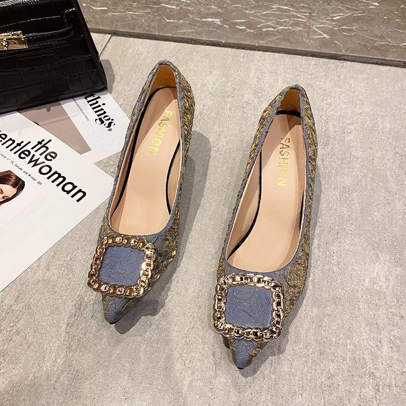 Temperament pointed high heels women's autumn new fashion pleated face square buckle shallow mouth thin heel single shoes professional style