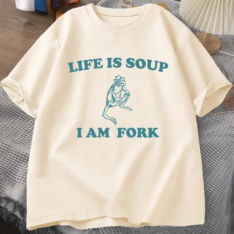Life Is Soup I Am Fork Frog Graphic T Shirt Unisex Funny Retro Tshirt Summer Animal Printed Tshirt Frog Meme Tees