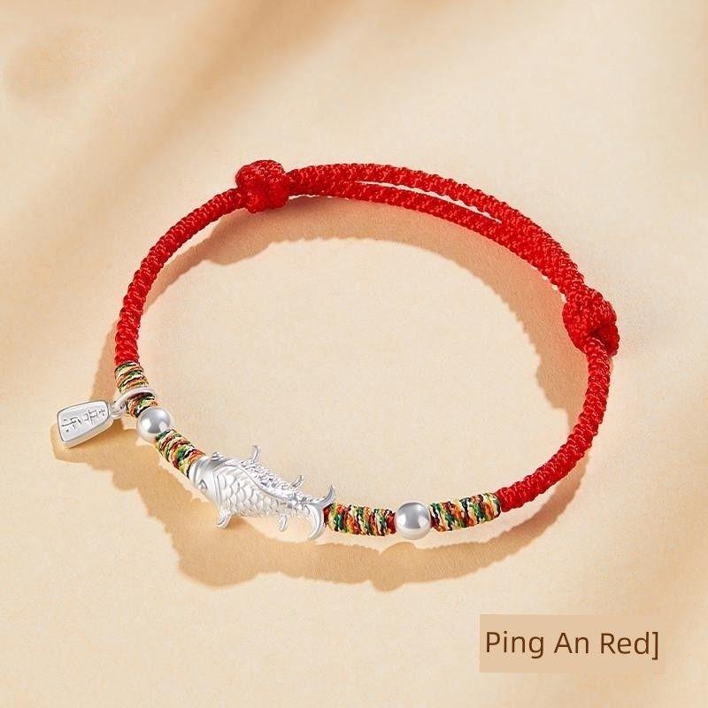 

Official/Genuine Goods Pure Silver 999 Koi Blessing Card Landed Good Luck Silver Bracelet Female Carrying Strap Woven Red Rope Anklet Gift [Foot Silver Small Koi]-Ping An Red