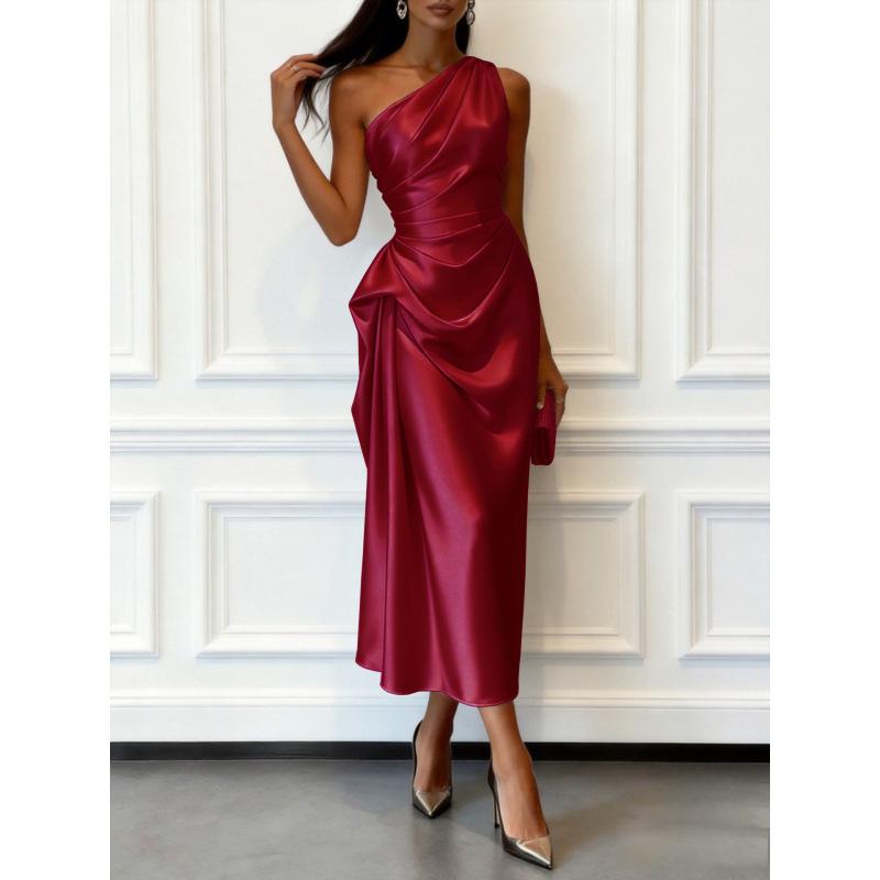 European and American Summer High Elastic Satin Sleeveless Slanted Shoulder Waist Medium and Long Dress Elegant Evening Dress