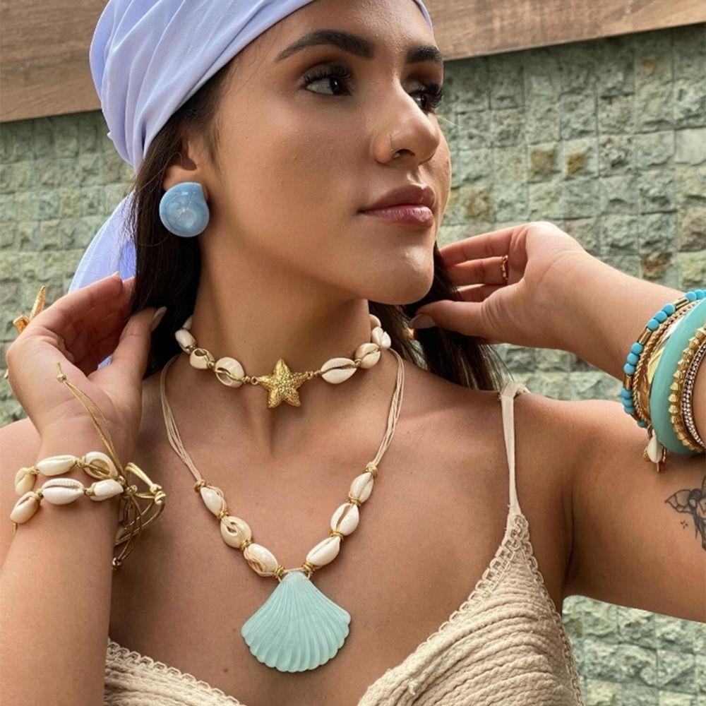 Pentagram Pendant Exaggerated Shell Pendant Necklace Sea Series Double Layered Choker Jewelry Gift