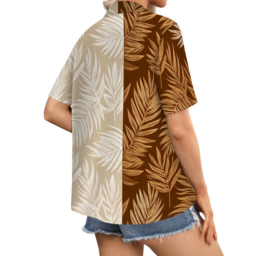 Women's fashionable casual Hawaiian print short-sleeved button-down collar shirt top