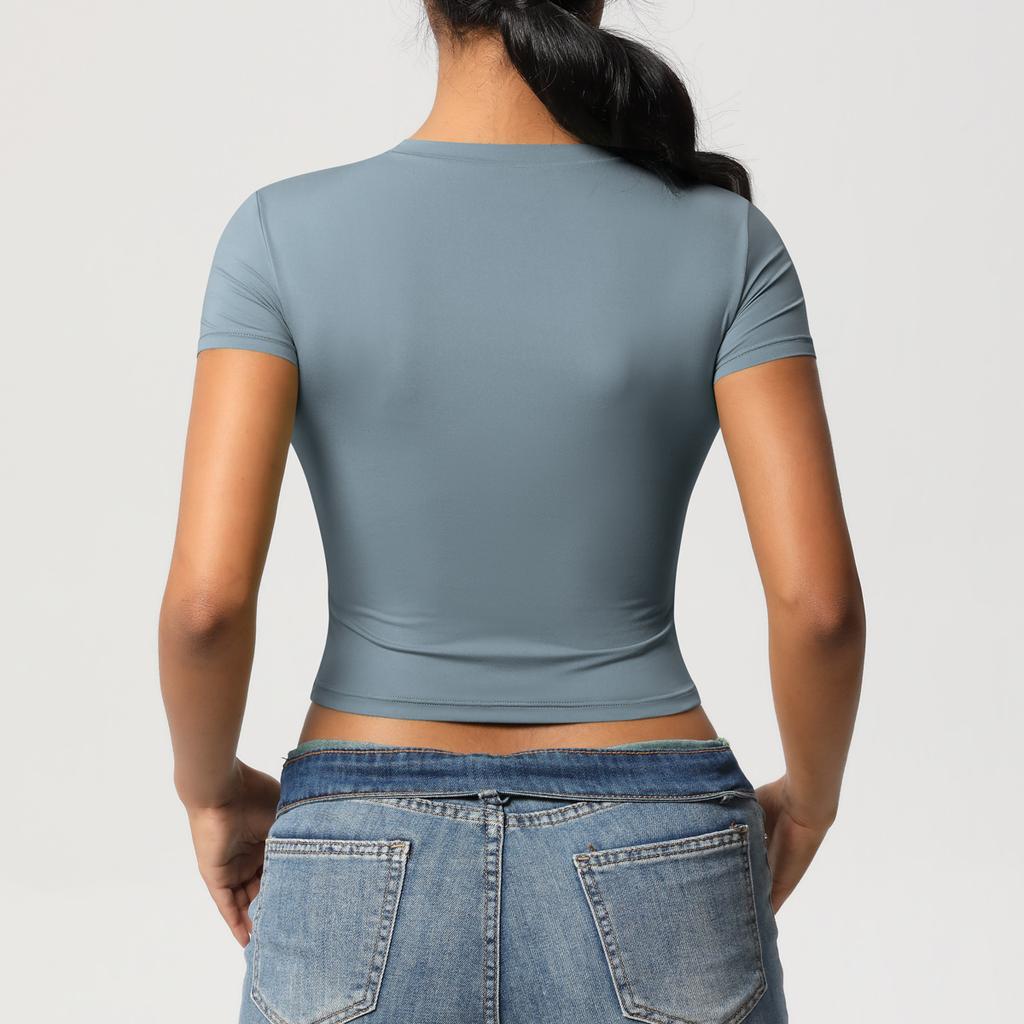 Double Sided Nylon Casual Tight Quick Drying Pilates Top Yoga Suit Short Sleeved Running Fitness T-shirt