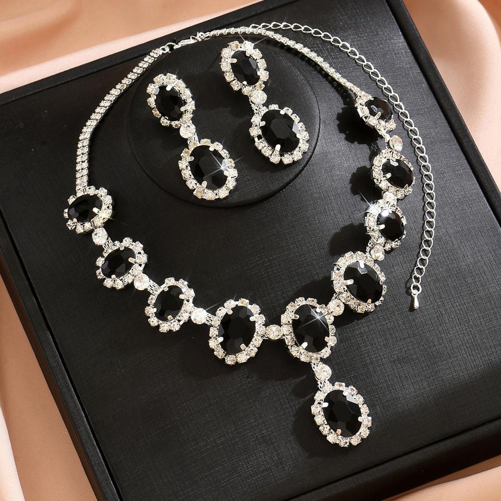 Fashion Colored Diamond Water Drop Shape Super Flash Temperament Set Chain Earrings Necklace Exaggerated Two-Piece Bridal Jewelry