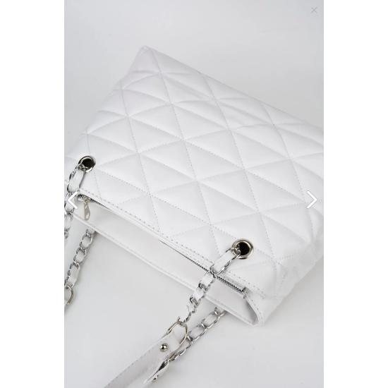 Weiße, gesteppte Handtasche und Umhängetasche aus Leder mit 3 Fächern, Reißverschluss und Kettenriemen, gefüttert