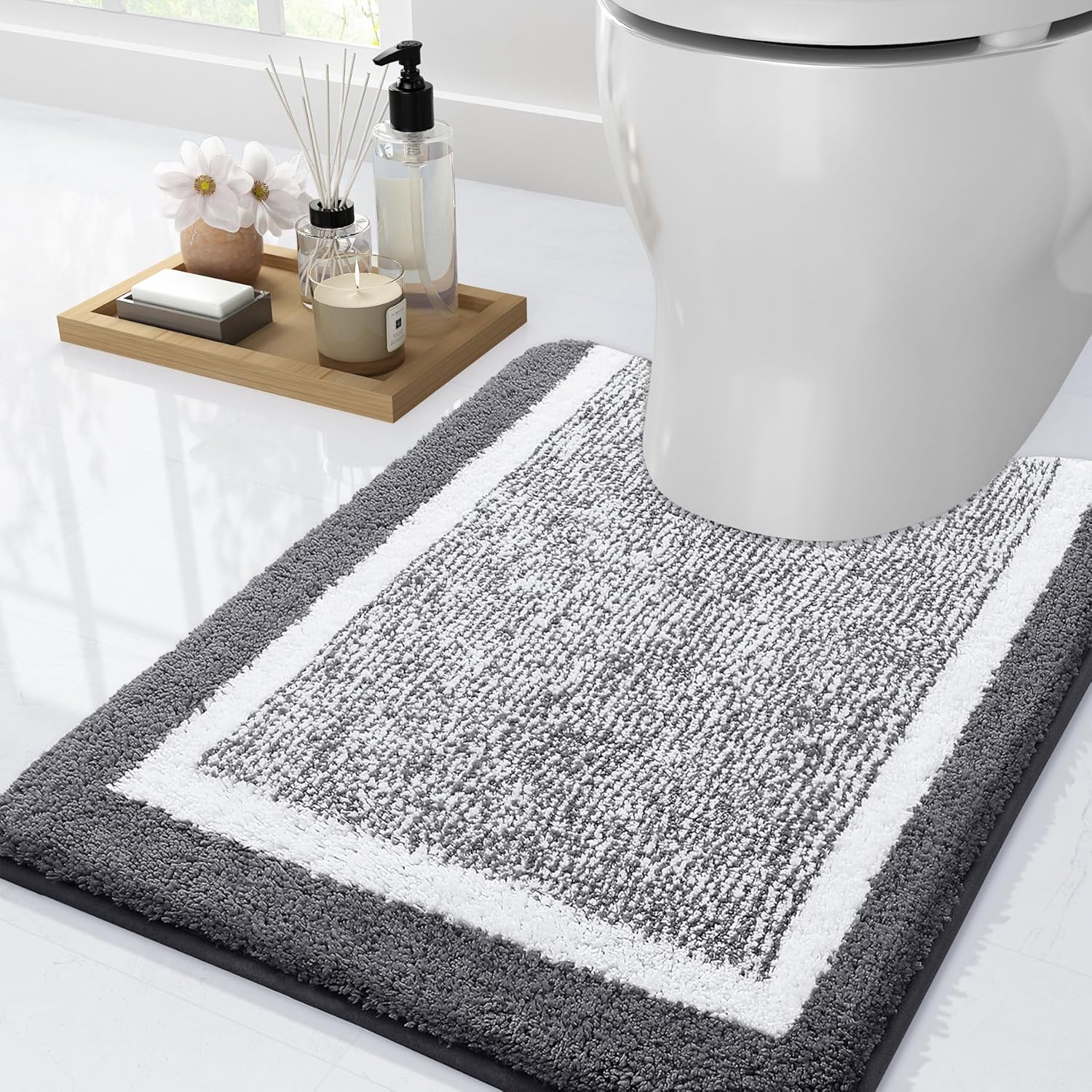 

Microfiber Bathroom Closestool Carpet Waterproof Non-slip Quick Drying Machine Washable TPR Backing Medium Velvet Toilet Mats Ushape 500MMx600MM темно серый